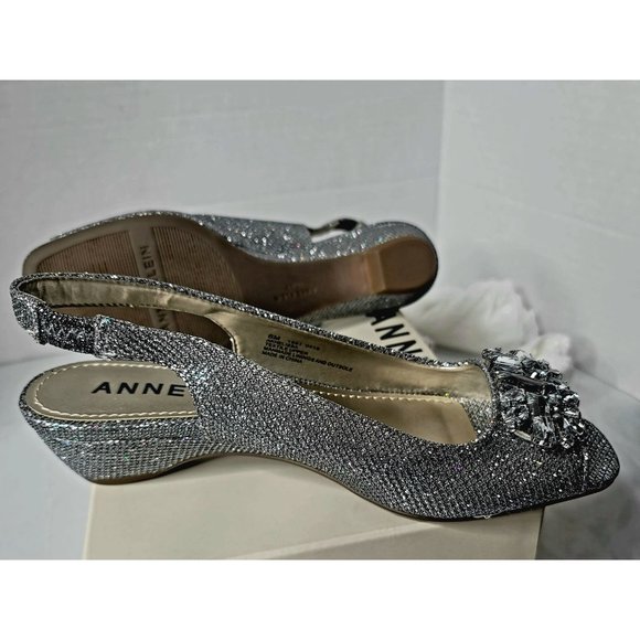 Anne Klein Women's Size 6 Metallic Silver Helissa Embellished Slingback Sandals - Picture 4 of 10
